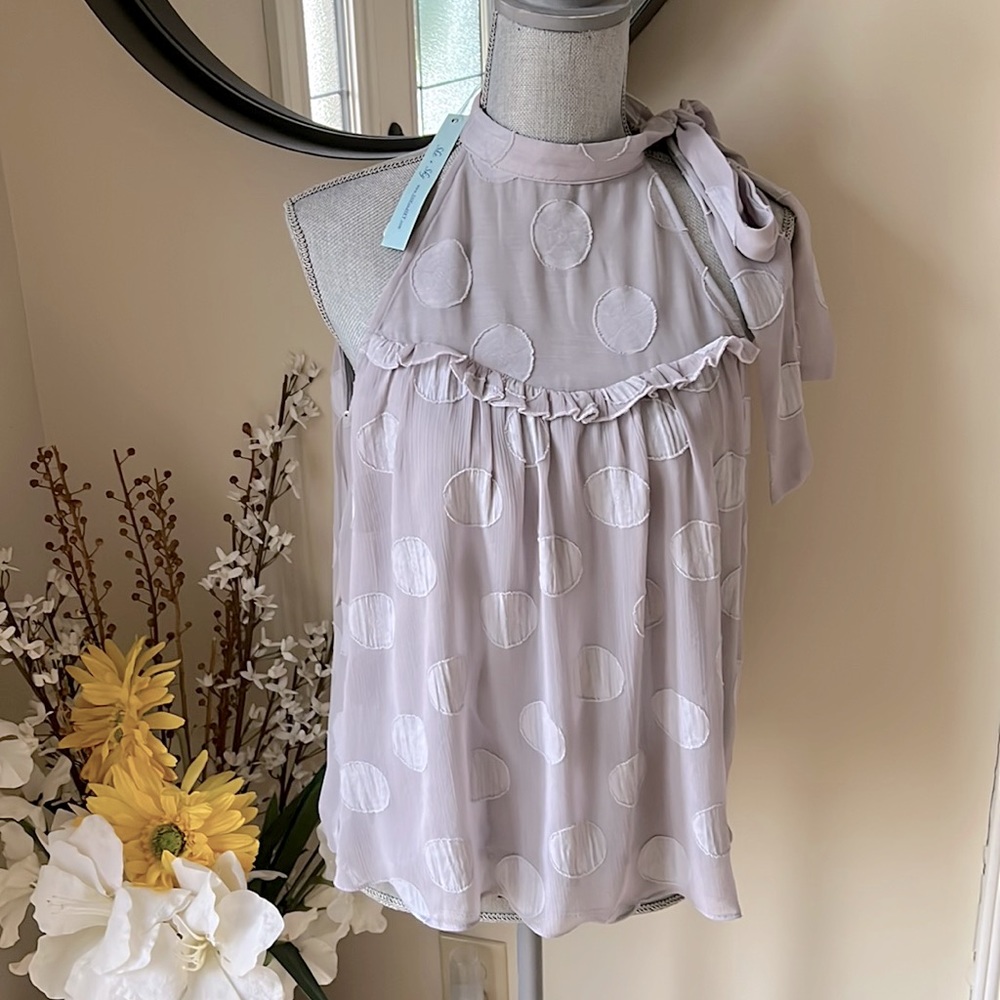 NWT She+Sky Lilac Polka Dot Sleeveless Blouse.  Size Small